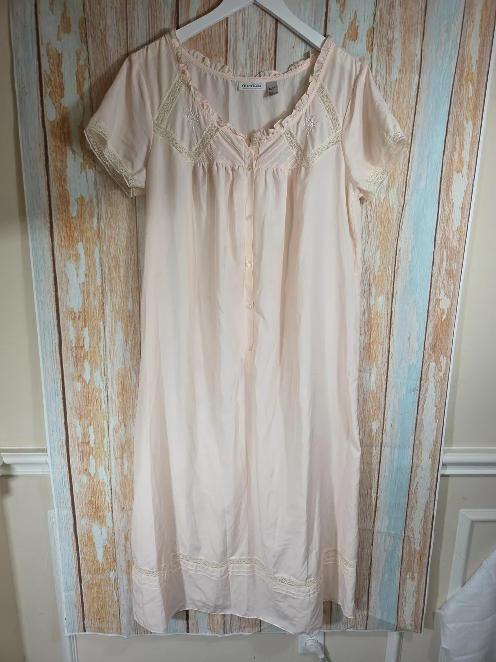 Glenflora Vintage Pale Blush Short-Sleeve Lace-Trim Nightgown